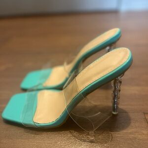 Turquoise Clear-Strap High Heel Sandals